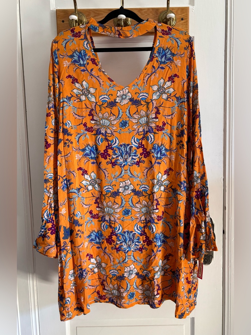 Xhilaration Orange Floral V-Neck Bell Sleeve Tunic Dress Top - Size XXL